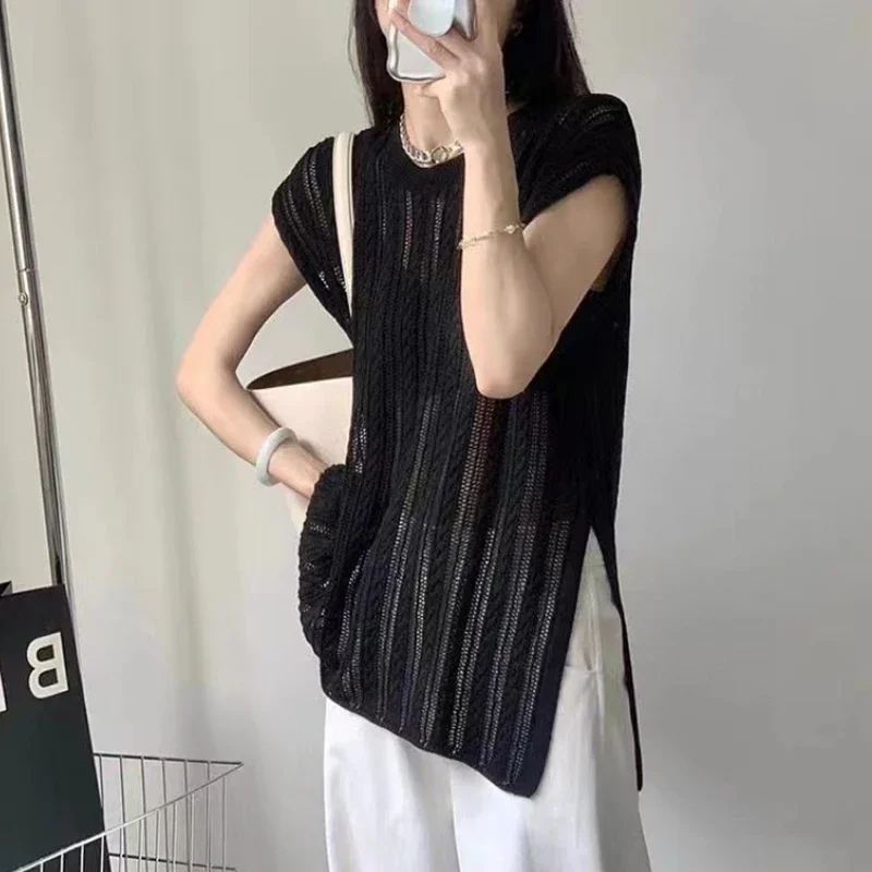 

Black Apricot Round Collar Sleeveless Tops Summer Hollow Out Knitted Vest Shirt Fashion Irregular Blosue Loose Clothes 27405