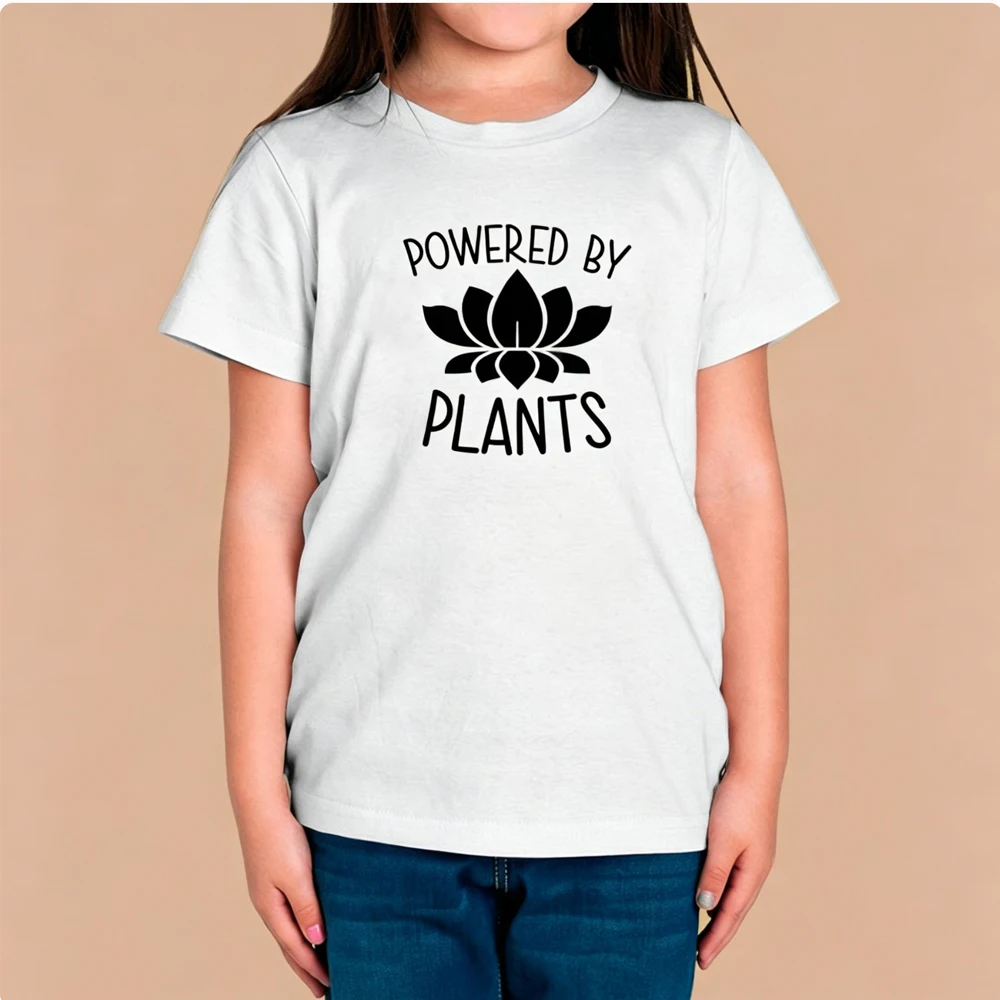 Powered By Plants Kids T-shirt Lotus Print Short Sleeve Cotton Tee for Boys Girls Casual Vegan Top