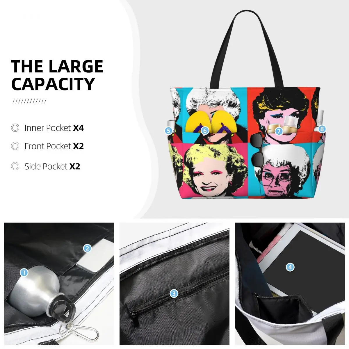Golden Warhol Girl Beach Tote Bag Sport Gym Yoga Duffle Large Tote Bag Women Travel Bag Fitness bag