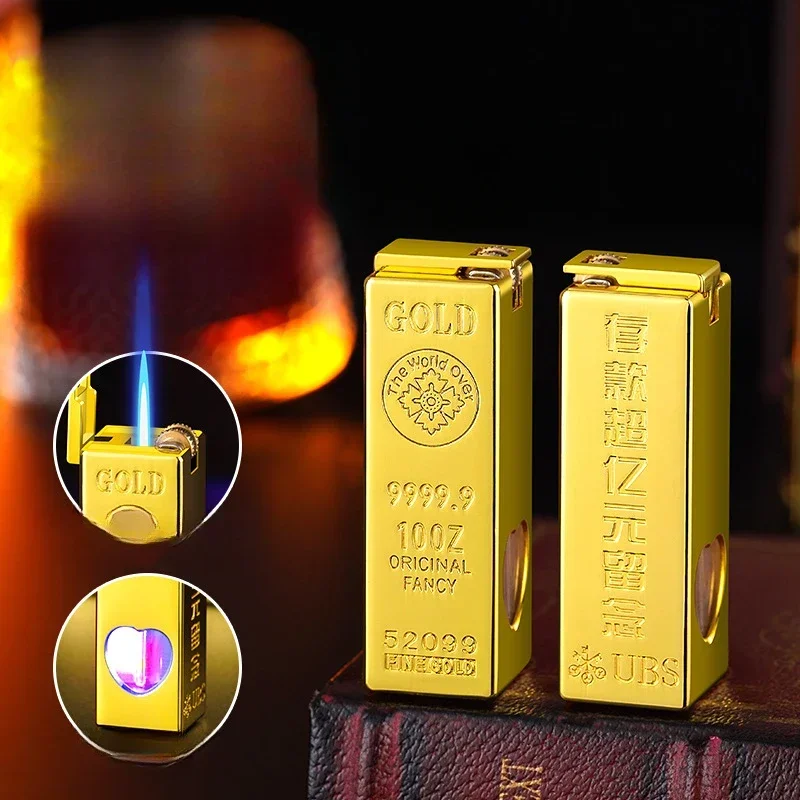 Luxury Metal Gold Bar Lighter Torch Jet Fire Butane Gas Lighter with Flash Light Inflated Cigarette Cigar Lighter Gadget for Man