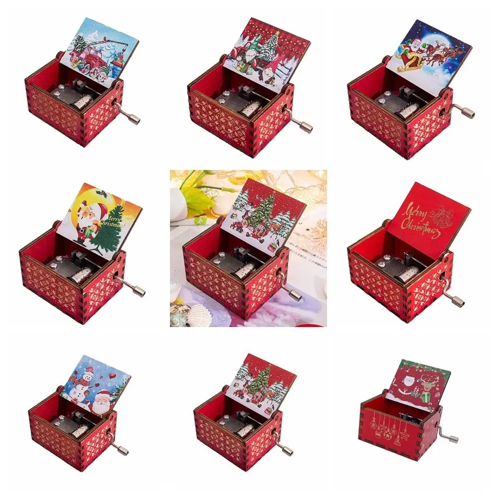 Red Hand-cranked Music Box Painted DIY Music Box Ornaments Exquisite Hand-cranked Santa Claus Wooden Box Decoration Gift