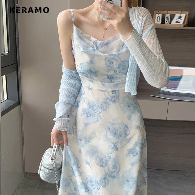 

Women Vintage Floral Print V-neck Backless Mid-Calf Dress 2024 Spring Elegant Sleeveless High Waist Wedding Suspender Dress