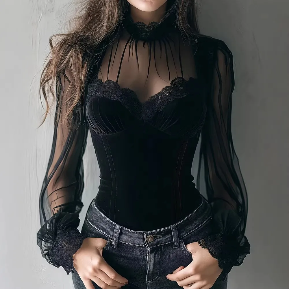Patchwork Bell Sleeve Top Fitted Elegant with Fitted Silhouette Daily Wear Patchwork Design Cowl Neck Ruched Detail Spring Top