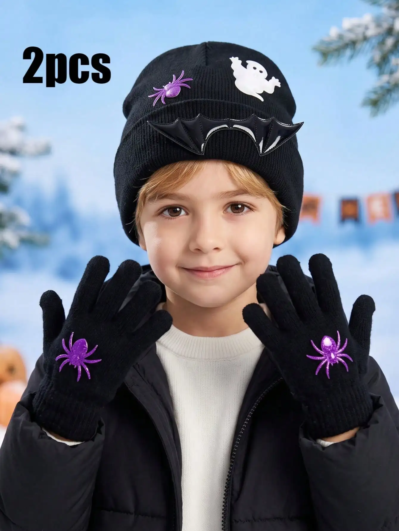 2pcs 3-8Y Cute Boys Kids Knit Hat & Gloves Set, Halloween Ghost Spider Bat Decor 2-Piece Kit