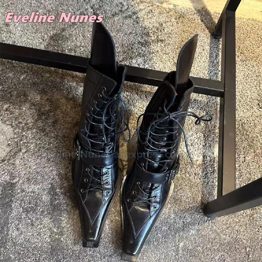 Women Vintage Brown Mid Calf Boots Pointed Toe Lace Up Tall Booties with Buckle Strap Side Zipper Gothic Punk Street Style Trend