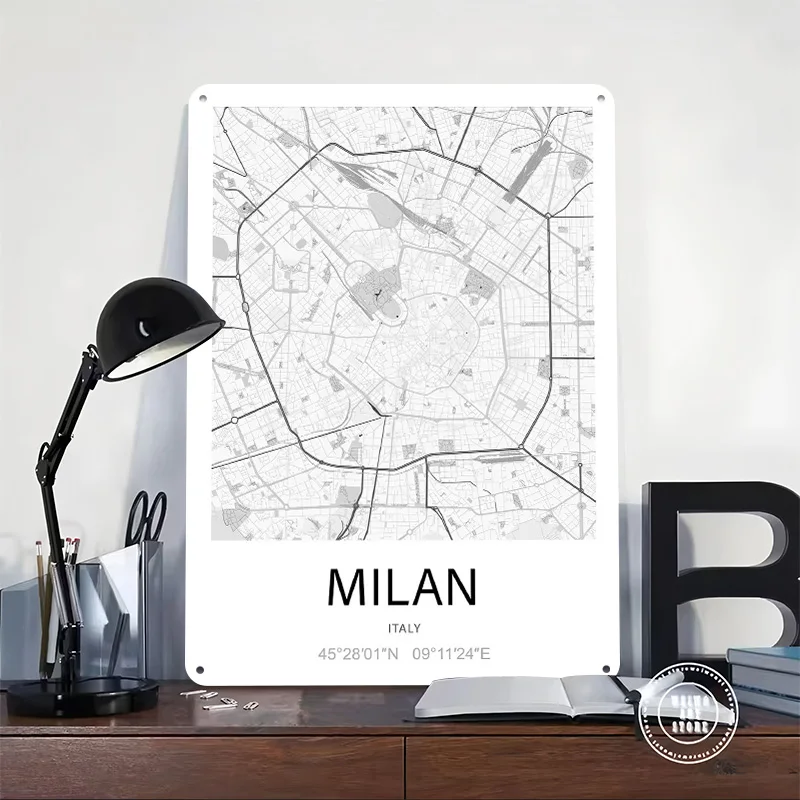Milan City Map Metal Poster Custom Wall Art Retro Vintage Tinplate Signs for Man Cave Home Decor Living Room Decoration Gaming