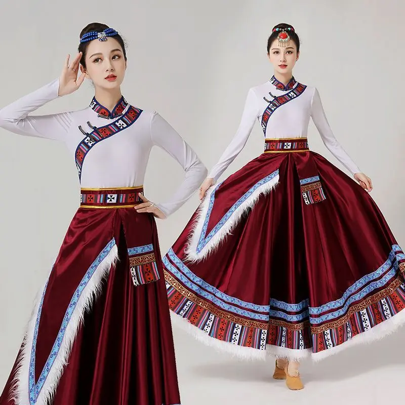 Tibetan dance big skirt new style female minority art examination costume ethnic style adult dance performance costume set