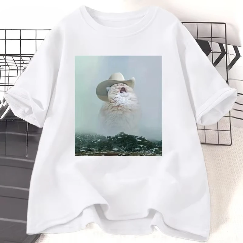 Cowboy Cat T-shirt Funny Crazy Cat Printed Tshirt Women Men Cotton Short Sleeve T Shirt Summer Men's Clothing Graphic Tees Tops