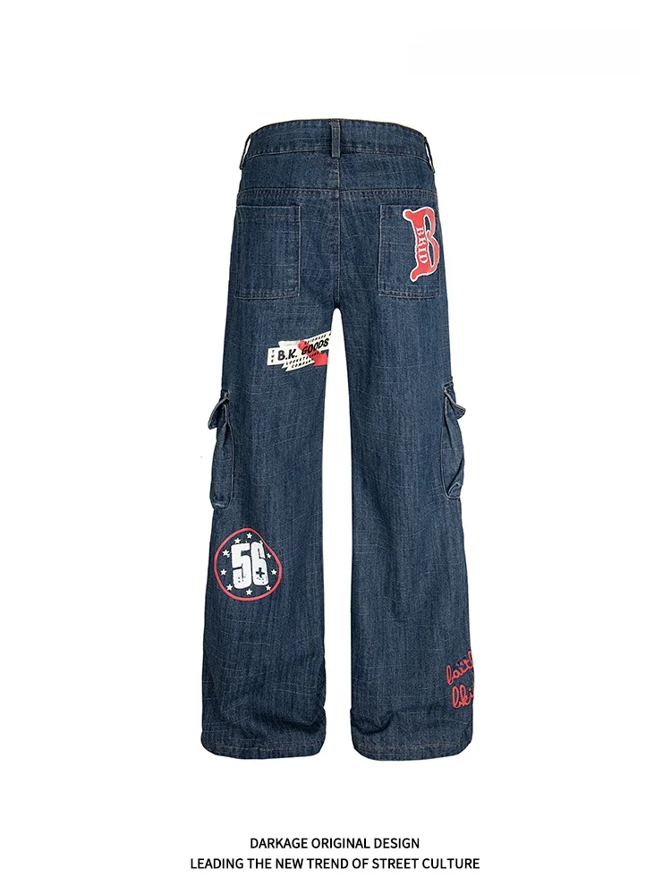 kage American Retro Print Straight Leg Workwear Jeans Women's High Waist Loose Slimming Wide Leg Spring New Sle