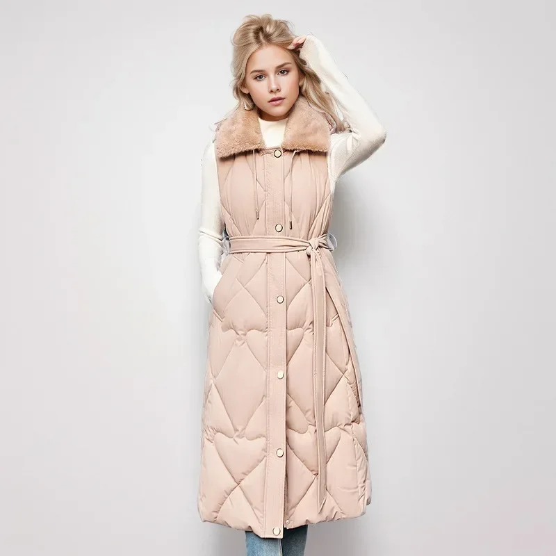 Winter Vrouwen Nieuwe Lange Mouwloze Katoenen Jas Vrouwelijke Bont Revers Thiken Warm Vest Jassen Vrouwen Taille Afslanken Vest Jas 2025