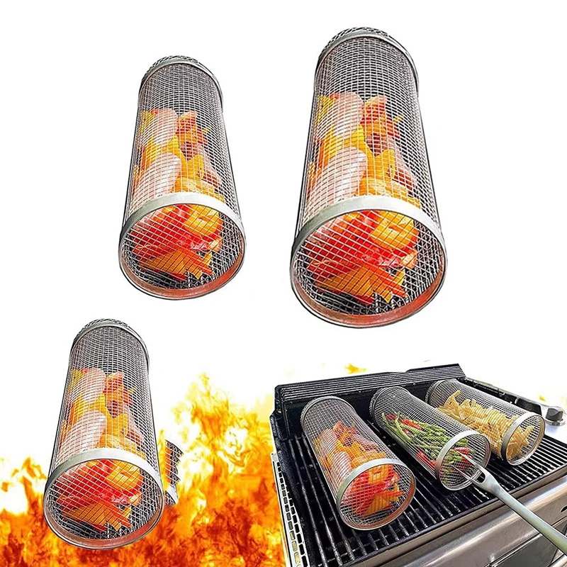 

Stainless Steel Cylindrical Barbecue Basket For Outdoor Barbecue Rolling Barbecue Basket Portable Outdoor Camping Barbecues Tool