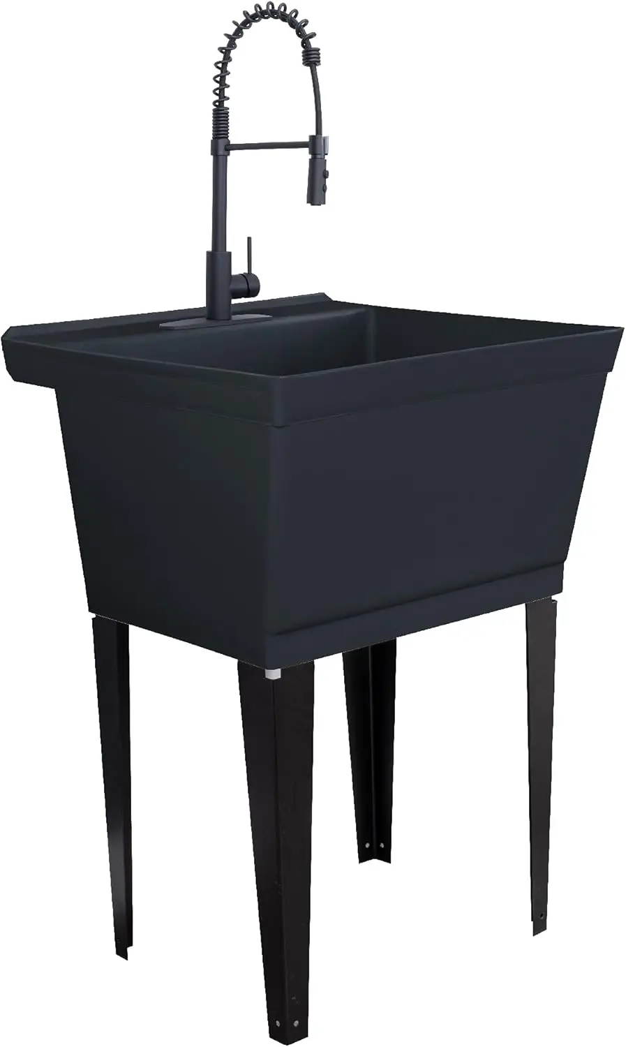 Utility Sink Extra-Deep Laundry Tub in Black with High-Arc Coil Pull-Down Sprayer Faucet in Matte Black