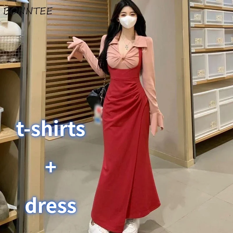 2 Piece Sets Women Flare Sleeve T-shirts Irregular Maxi Dress Autumn Sexy Mature Chic Y2k Females Streetwear Club Fashion Casual