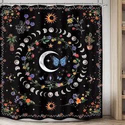 Boho Moon Phase Shower Curtain Abstract Sun Stars Butterfly Mushroom Flowers Plant Leaves Bathroom Decor Fabric with Hooks