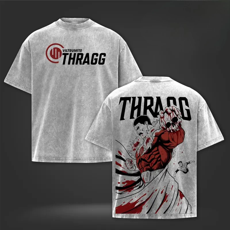 Hot Anime Invincible Thragg Graphic Tee Men Short Sleeve Clothing Washed Cotton Tshirt Casual T-shirt Harajuku Vintage T Shirt