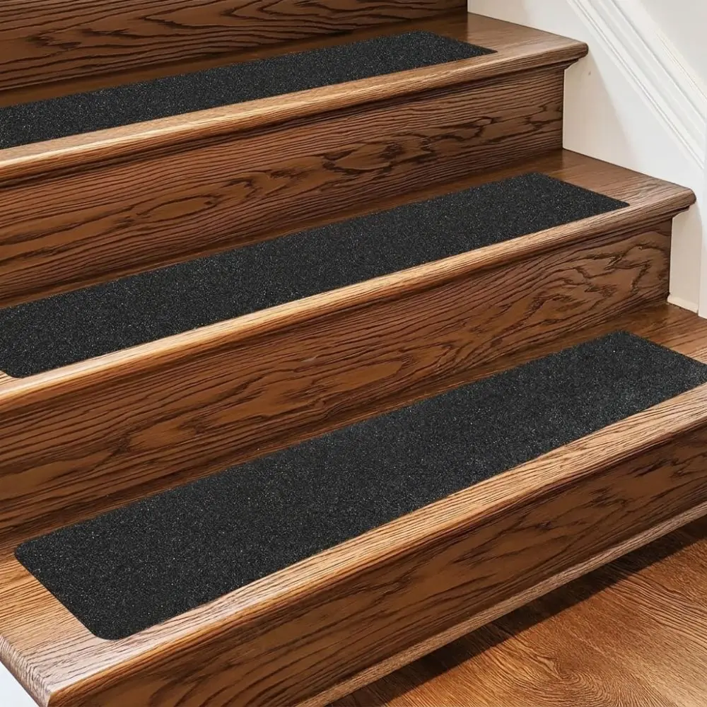 6Pcs Black Frosted Self‑Adhesive Stair Tread Mat Self-Stick Waterproof Anti-Slip Stair Treads Wear-Resistant Pre-Cut