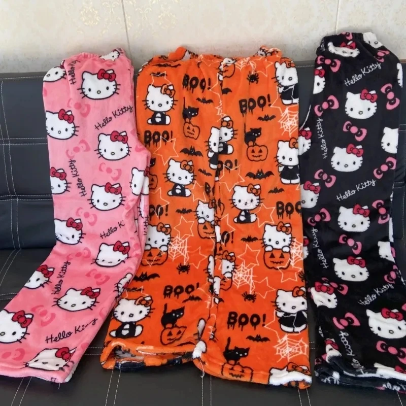 Sanrio Hello Kitty Flannel Pajamas Black Women\'s Warm Woolen Cartoon Casual Home Pants In Autumn Winter Fashion Trousers