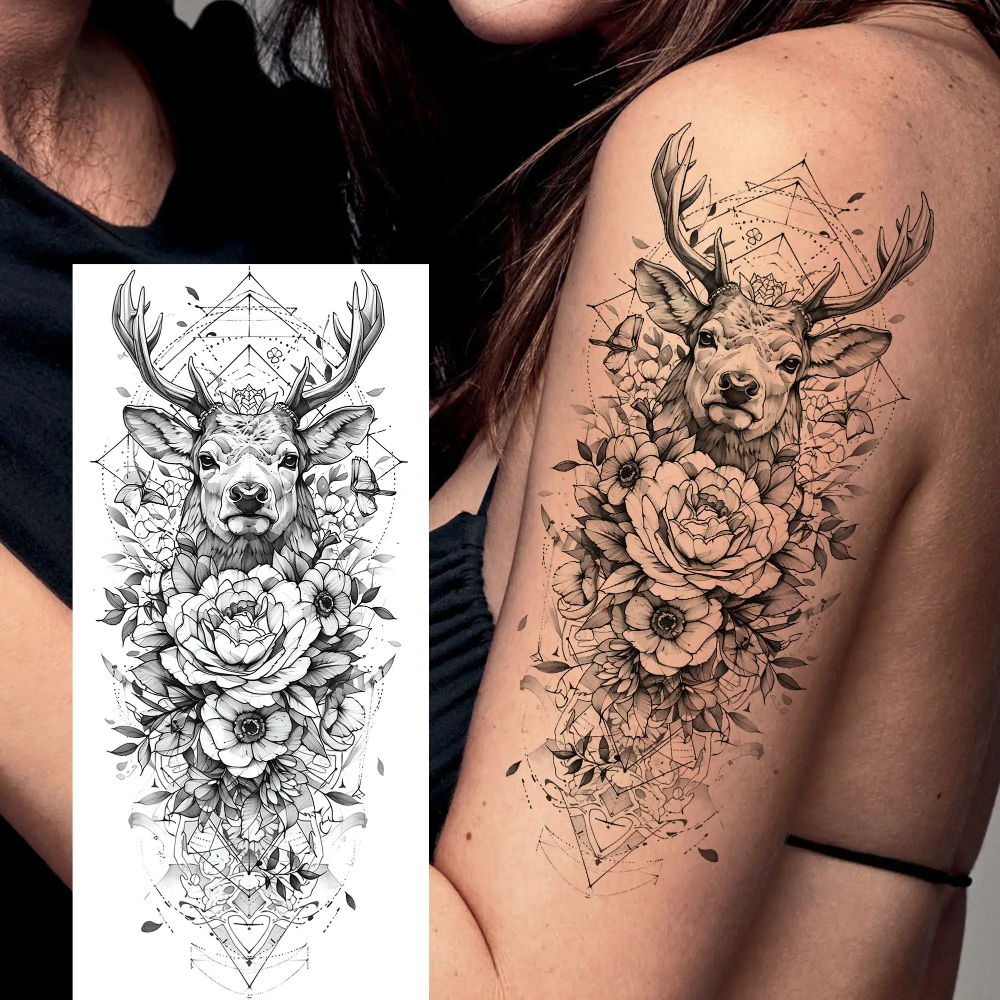 1 Sheet Beautiful Deer With Flowers Temporary Tattoos Dragon Fox Tatoos Waterproof Realistic Floral Animals Fake Tattoos Sticker