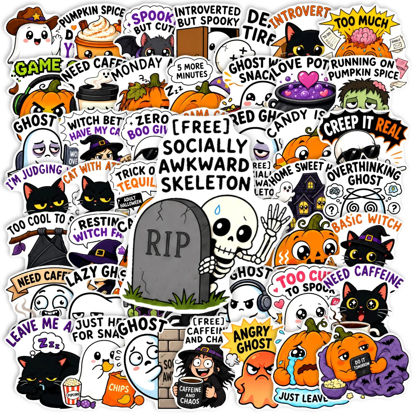 50Pcs Cute Halloween Cartoon Stickers Ghost Pumpkin Black Cat Funny Doodle Waterproof Decals for Scrapbooking DIY Crafts