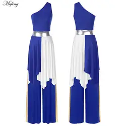 Women Liturgical Dance Costume Modern Lyrical Dancewear One Shoulder Asymmetrical Hem Dress Metallic Wide-Leg Pants Performance