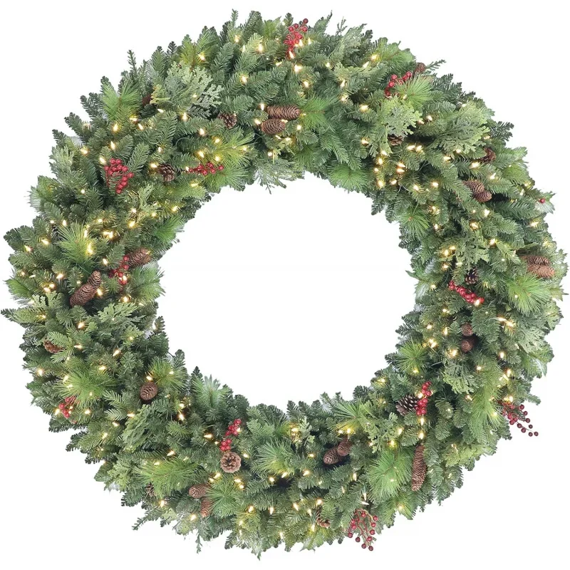 60 in Pre-lit Rocky Mountain Spruce Wreath, 1080 Tips, 400 UL Warm White LED Lights