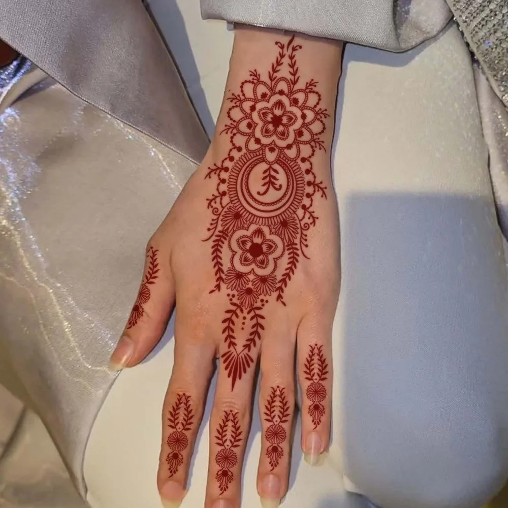 

Maroon Color Henna Tattoo Stickers Mehndi Designs Flower Instant Decals Ethnic Style Waterproof Hand Tattoo Summer Vacation