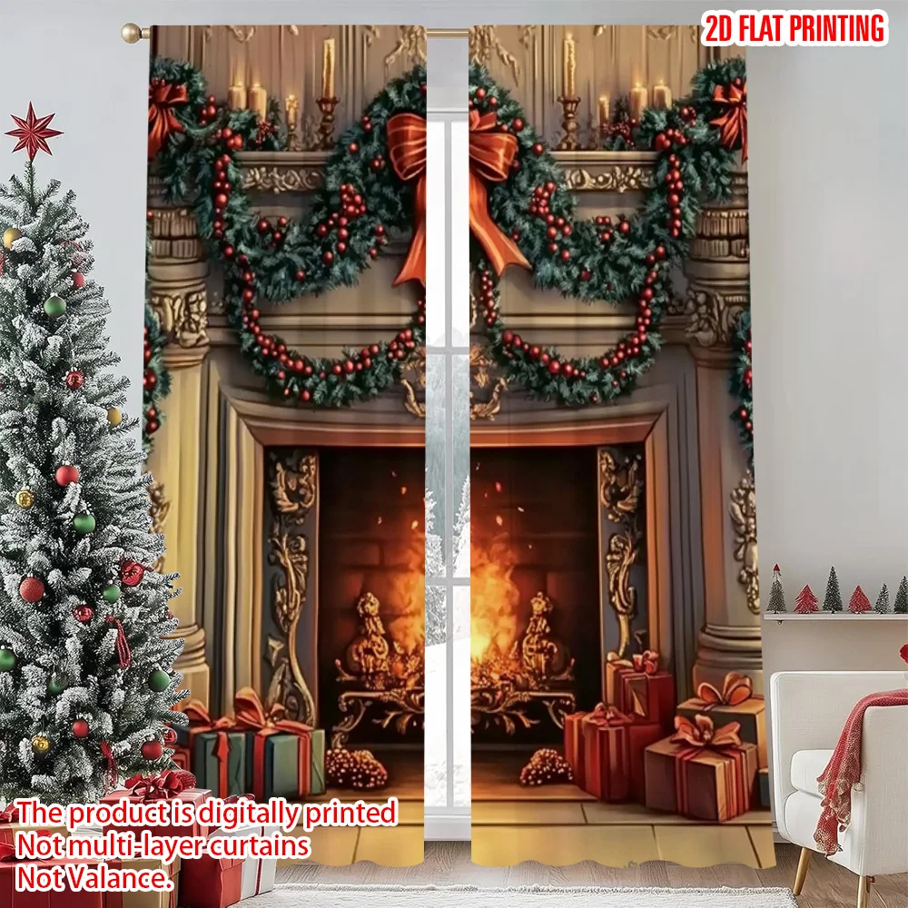 

2pcs 2D flat printing Merry Christmas Scene Curtains Antique Christmas fireplace Versatile Durable Polyester Without Electricity