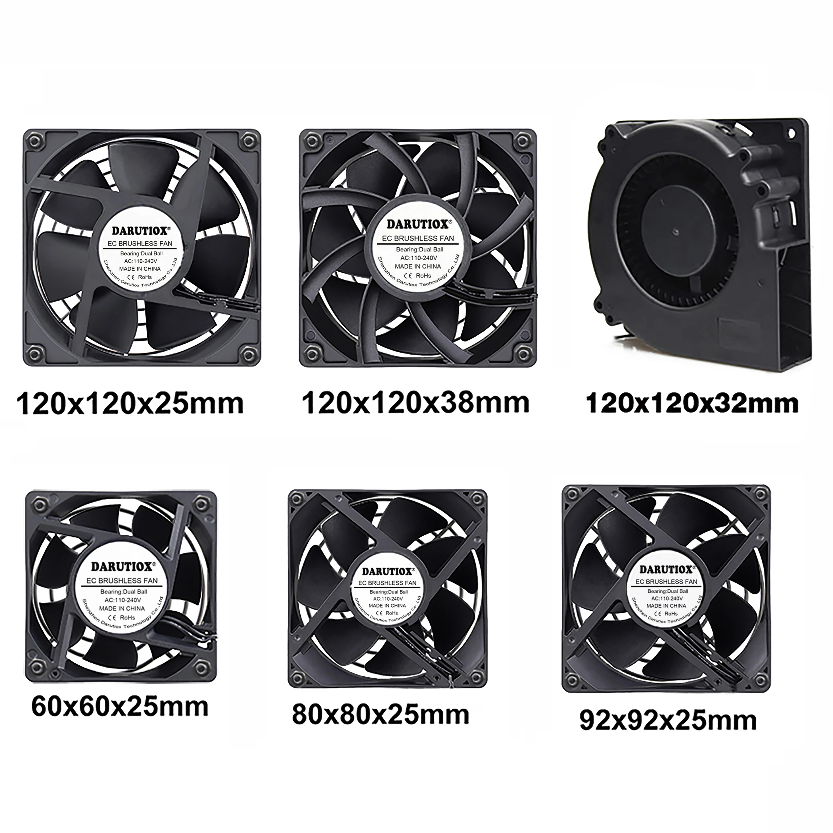 DARUTIOX 60mm 80mm 90mm 120mm EC Brushless Fan AC 110V 115V 120V 220V 240V Axial Fan with Srews/Grill 6025 8025 9225 12025 12038