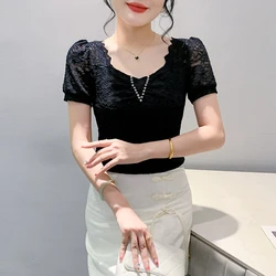 2024 New Summer European Clothes T-Shirt Chic Sexy Square Collar Lace Diamonds Women Tops Puff Sleeve Bottoming Shirt Tees 46048