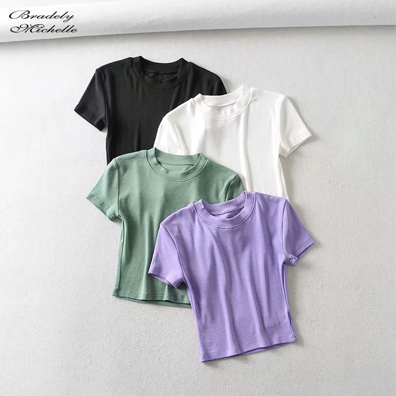 Bradely Michelle Fashion Sexy 2023 Summer Woman Slim Fit T-shirt Tight Short-Sleeve O-neck Tee Crop Tops