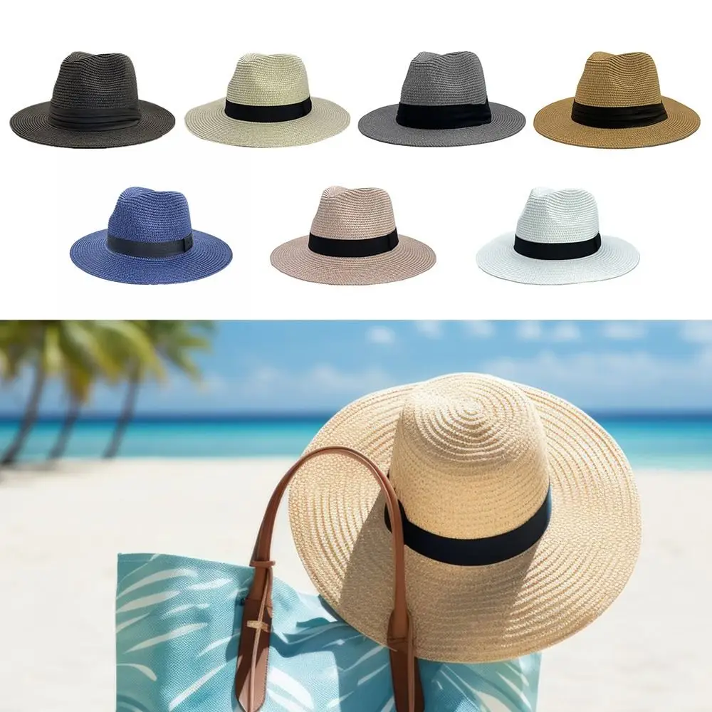 

Elegant Foldable Panama Straw Hat Sun Protection Sunshading Summer Cap Breathable British Top Hat Unisex