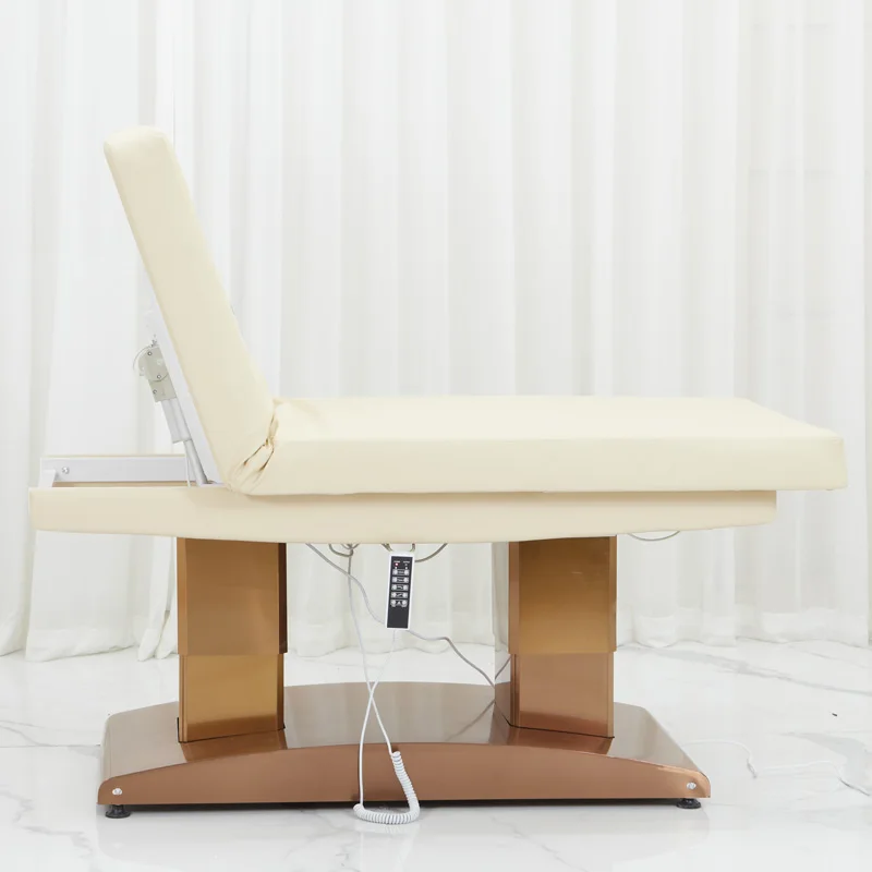 Muebles modernos para salón de belleza, Base dorada de acero inoxidable, cama Facial cosmética, mesa de masaje eléctrica de lujo de 4 motores para salón