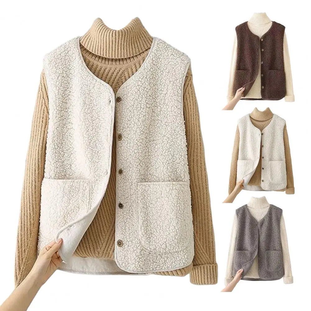 Vests Winter Autumn Women Button Waistcoat Lamb Hair Winter Thermal Warm Thick Fleece Vests Sleeveless Jacket Ladies Coats