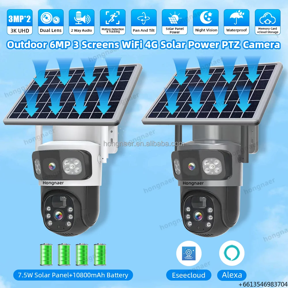 

Hongnaer 6MP Eseecloud Solar Powered CCTV 5G WiFi 4G Sim Card Camera With 3 Screens Dual Lens AOV for Outdoor Home and Farm