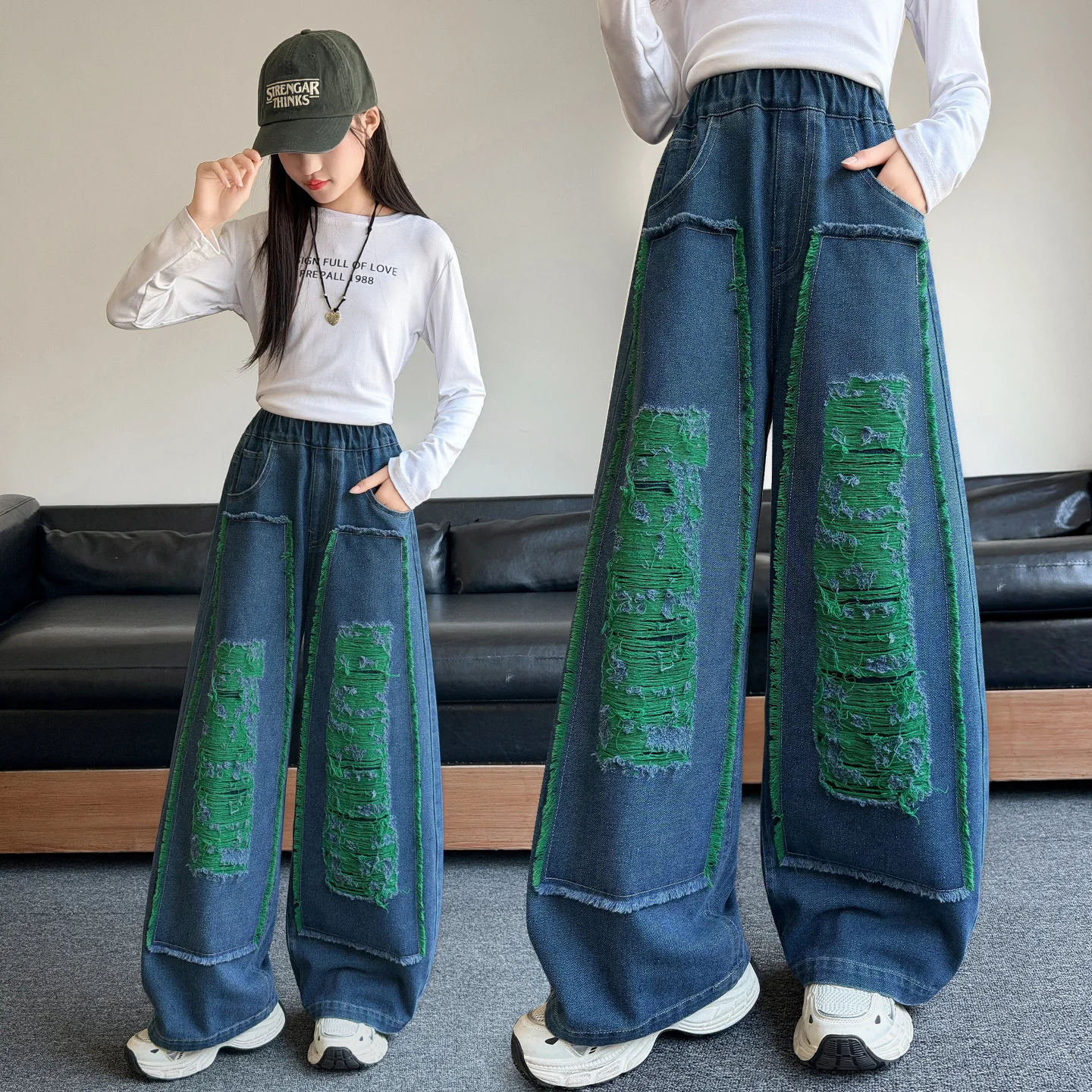American Style Girls Street Curved Jeans with Broken Holes Hiphop Design Jazz Kids Denim Pants Child Straight Fit Ripped Trouser