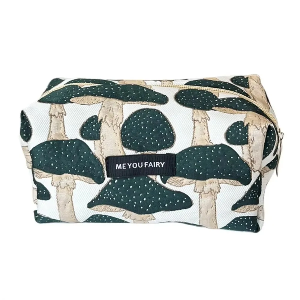 Cute Portable Cosmetic Pouch Mushroom Printing Large Capacity Makeup Bag Washable Travel Clutch for Women