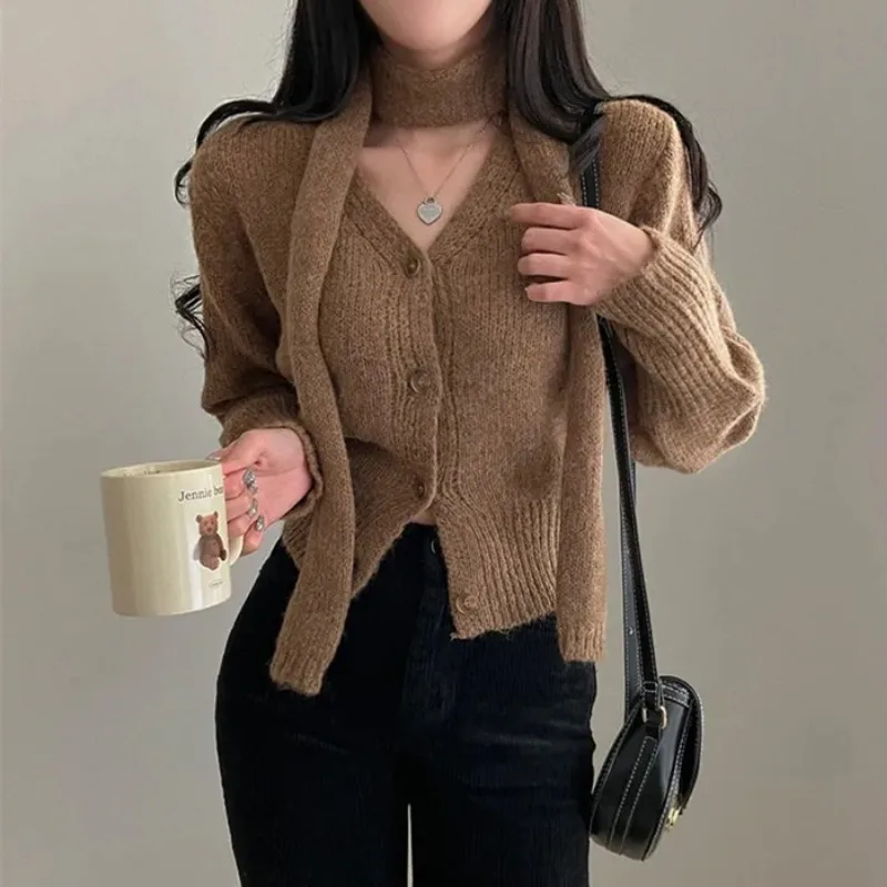 Neploe 2024 Autumn Winter French Simple Vintage Style Cardigan Femme Long Sleeved Thick Hanging Neck With Scarf Knitted Sweater