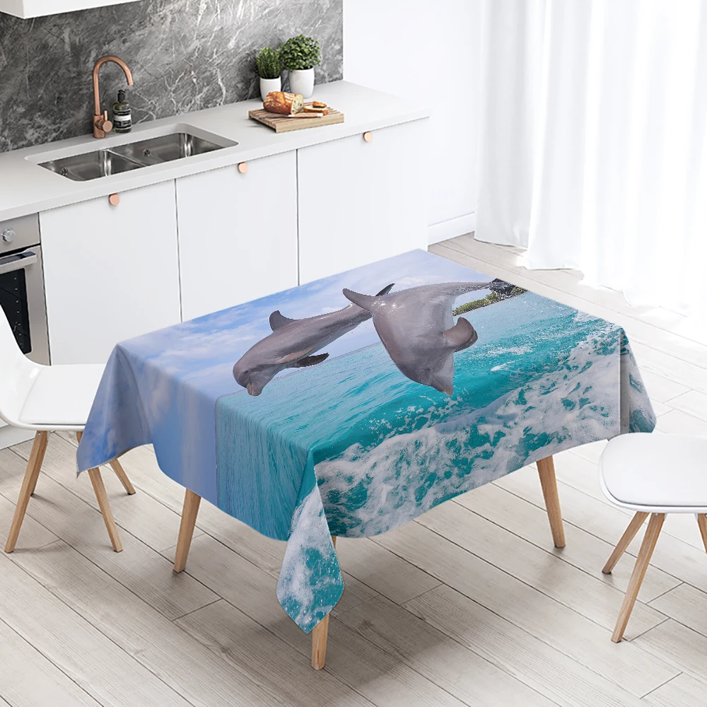 Cute Dolphin Tablecloth Underwater World Marine Life  Party Restaurant Decoration Waterproof Home Table