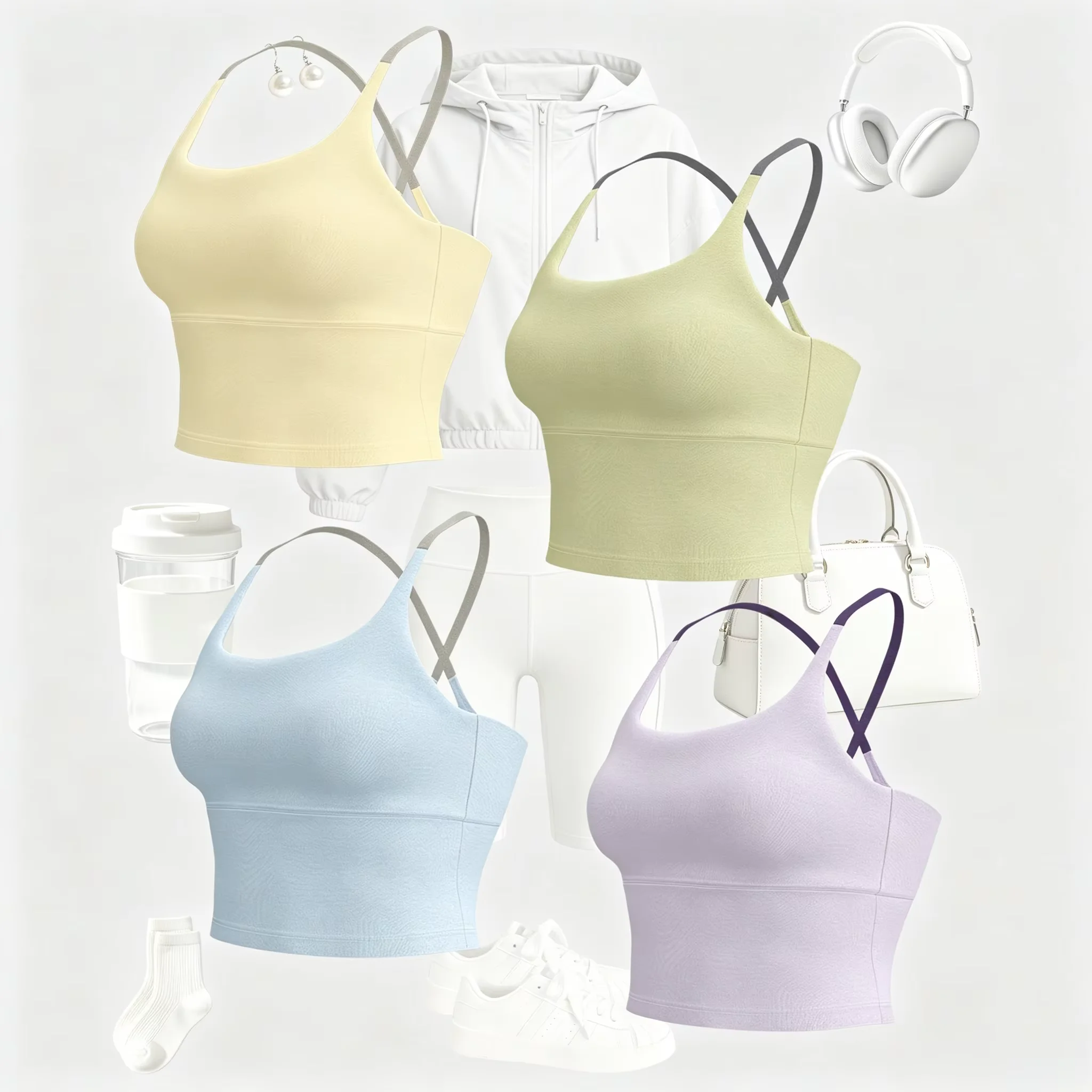 Women Longline Yoga Sports Bra Square Neck Thin Straps Nude Soft Padded Gym Workout Crop Tank Top
