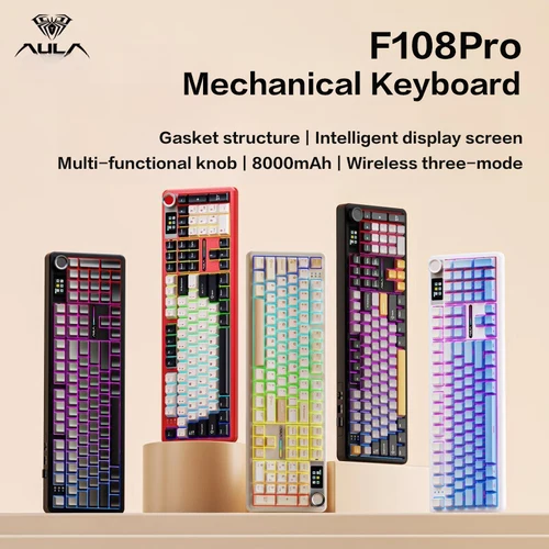 Imagen 1 del producto AULA F108Pro/F108 Conexión inalámbrica Bluetooth trimododo, pantalla multifuncional, estructura de junta, efectos de iluminación RGB