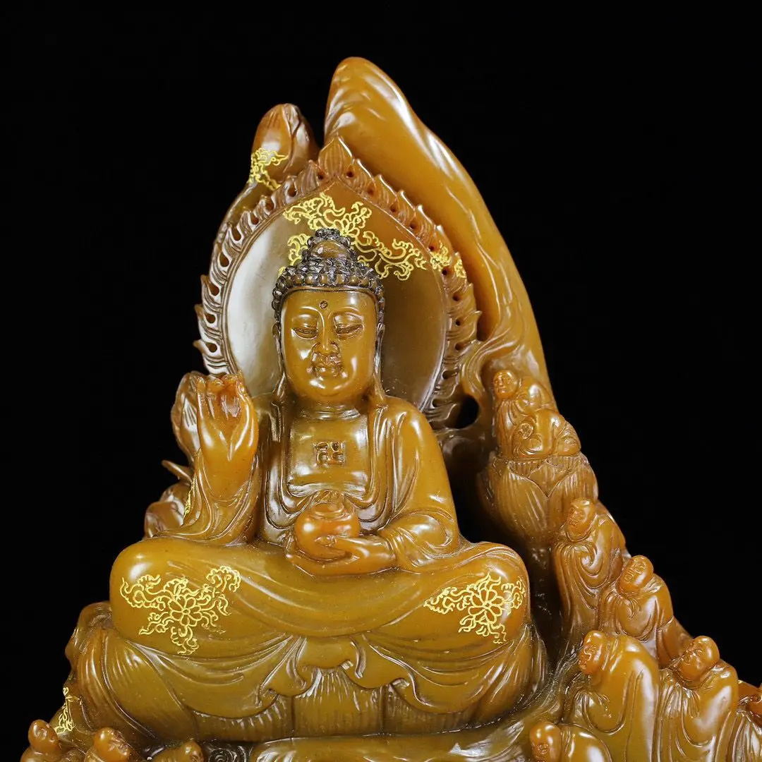 Shoushan stone carving Wanfo Chaozong Buddha statue ornament is 29 cm long, 6.8 cm wide and 26 cm high.