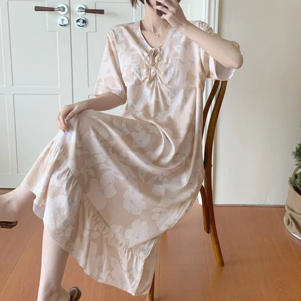 

Floral Pajamas Dress Pajamas Summer Thin Night Dress Sleepwear New Short Sleeve Nightgowns Woman Clothes Home Wear Loungewear