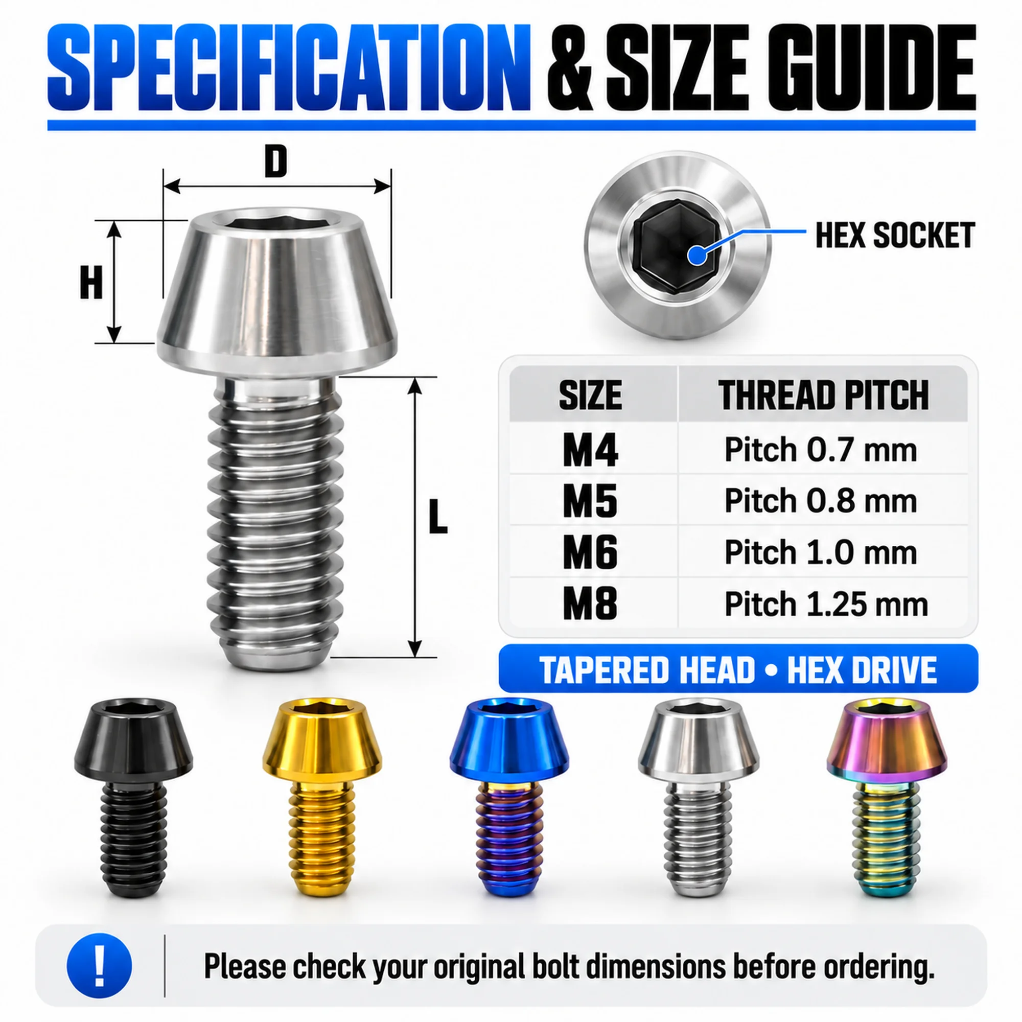 AYCENLAITE 12pcs TC4 Titanium Screws M4 M5 M6 M8 Tapered Head Bolts Performance Tuning for MTB Road Bike Motorcycle