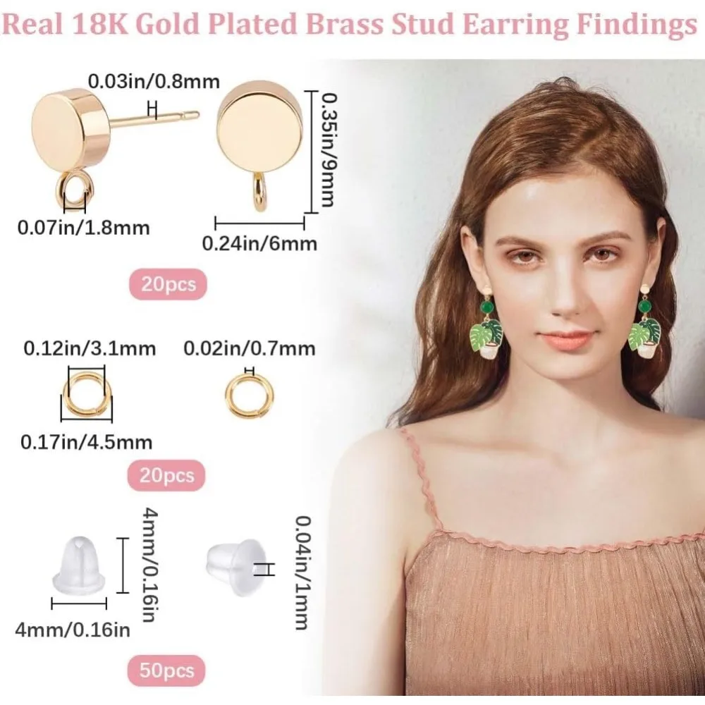 40Pcs 18K Gold Plated Brass Flat Round Earring Findings Stud Earrings Post Stud Earring Findings Ear Studs with Vertical kit
