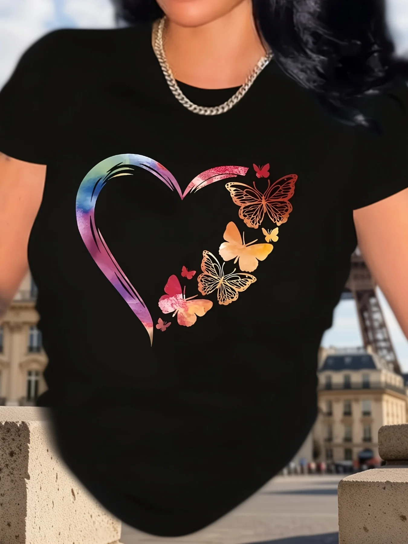 Women's Plus Size Elegant Heart & Butterfly Print T-Shirt - Soft Polyester Blend, Round Neck, Short Sleeve, Machine Washable - Black with Colorful Swirling Design