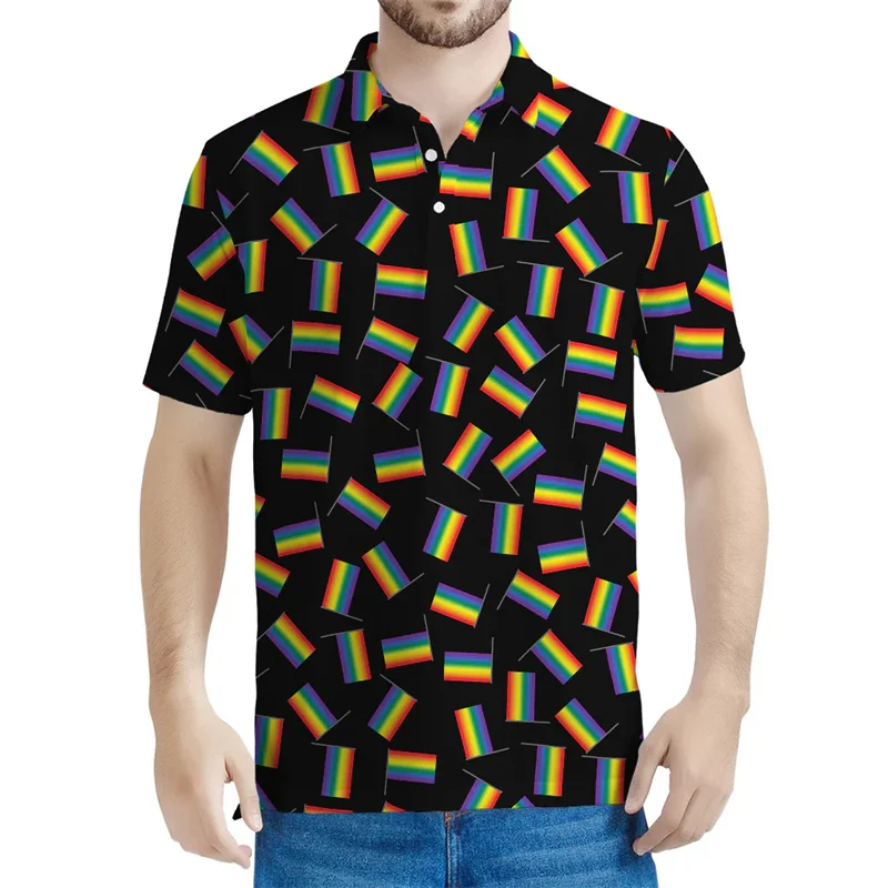 LGBT Rainbow Pattern Man Polo Shirt 3D Print Gay Pride Short Sleeves Casual Button Polo Shirt Summer Lapel Tees Free Shiping