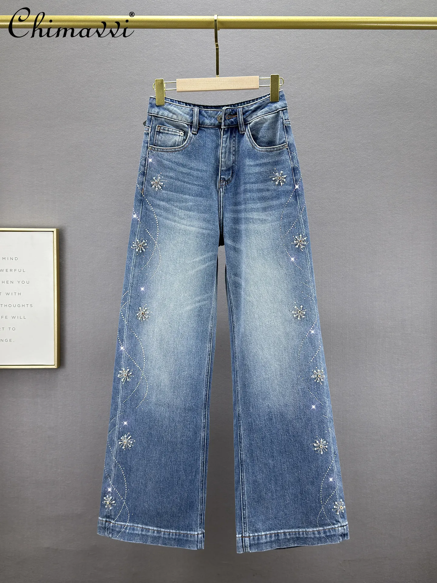 

Heavy Hot Diamond Denim Wide-leg Pants for Women 2026 Spring New Fashion High Waist Loose European Distressed Long Mop Pants