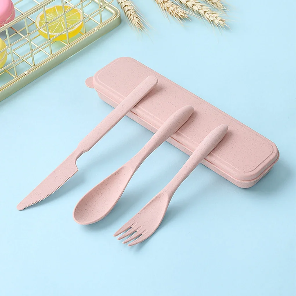 Outdoor Travel Wheat Straw Tableware Set Portable Flatware Kit Indoor Holiday Dinnerware with Storage Case