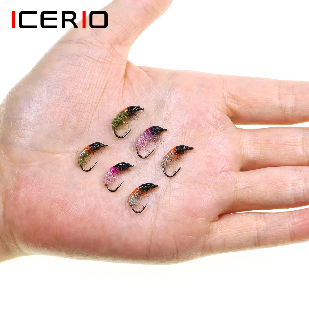 ICERIO 8PCS 10 #   12 #   Moscas de pesca con mosca, ninfa checa, camarones, mosca, Scud, insecto, gusano, trucha, grilismo, señuelo de pesca de agua dulce