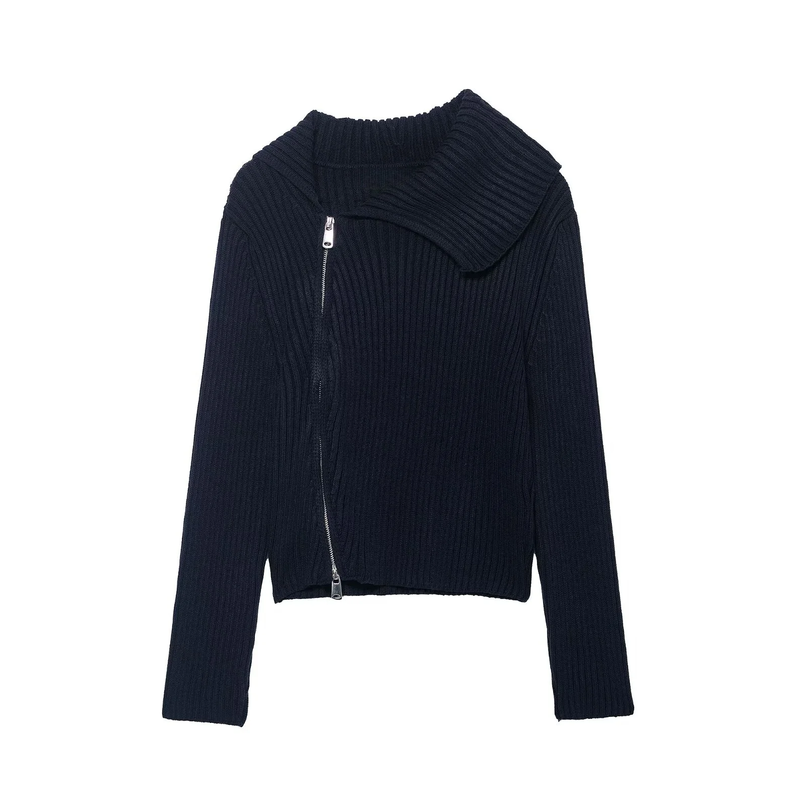 

2025 Winter New Women's Casual Fashionable Temperament Zipper Ribbed Collar Long Sleeve Slim Fit Knitted Short Cardigan